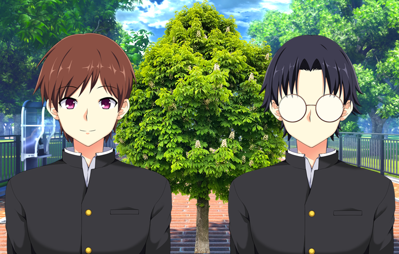 my plant study time with two students in japanese middle high school uniforms with tree-chan and park in the background